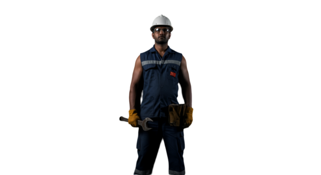 Isolated Photo Of A Confident Man Worker Holding Tools On Transparent Background