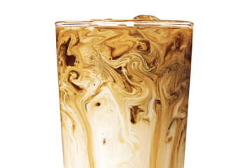 a glass of iced coffee with a swirly pattern