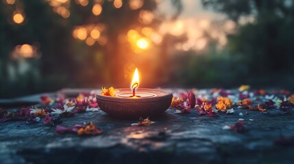 Brightly lit diya oil lamp surrounded by flower petals during Diwali celebrations at dusk
