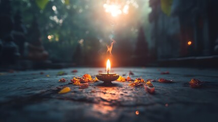 Traditional brass diya illuminating a serene atmosphere during Diwali celebrations