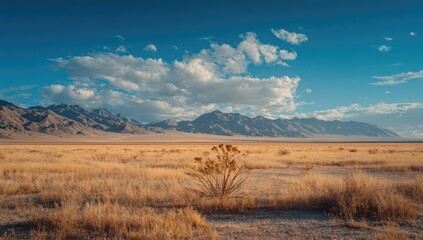 Fototapeta premium A vast desert landscape stretches towards distant mountains under a vibrant blue sky dotted with fluffy clouds. A lone plant stands in the foreground of the golden-toned dry grassland