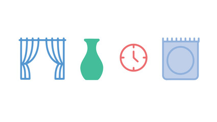 Minimalist home decor and time management icons featuring curtains, vase, clock, and notebook.