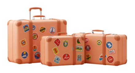 Isolated Illustration Of Group Of Orange Suitcases With Vintage Stickers