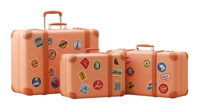 Isolated Illustration Of Group Of Orange Suitcases With Vintage Stickers