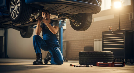 Auto Mechanic Working Underneath Car in Garage