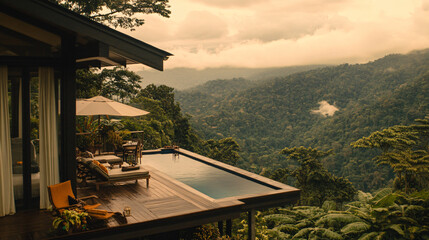 Fototapeta premium Modern house with a beautiful pool surrounded by lush landscaping and clear blue skies