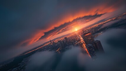 Dramatic orange and red hues paint the sky as the beautiful sun dips below the horizon, casting a vibrant glow across the cloudscape and cityscape