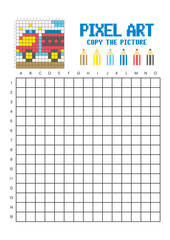 Copy the picture grid drawing worksheet for kids. Pixel art fire truck