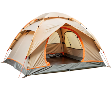 Open beige dome tent with orange accents for outdoor camping adventures on white background PNG .AI Generated.