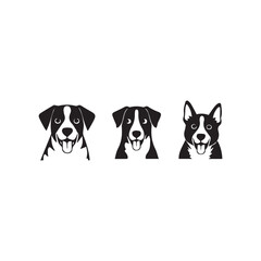Happy Dog Portraits - Three Cute Canines for Design Inspiration,Three adorable, stylized dog head portraits in black and white.