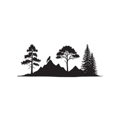 Silhouette of a serene mountain landscape with trees and a bird.A simple black and white silhouette image of a mountain range with various trees, including pine and fir, and a bird perched on a peak.