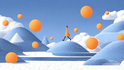 A woman walks amidst stylized mountains, floating orange orbs, and soft clouds in a serene winter landscape