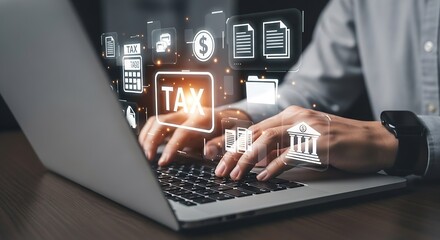 Tax Filing Online: Man Typing on Laptop with Tax Icons, Digital Finance, and Compliance, Modern Business