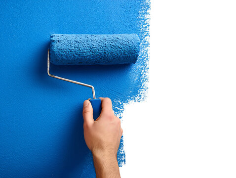 Paint roller applying blue paint isolated on transparent or white background, png