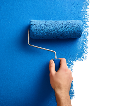 Paint roller applying blue paint isolated on transparent or white background, png