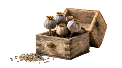 Dried poppy heads in wooden box seeds scattered