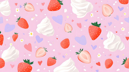 Sweet Strawberry Whipped Cream Seamless Pattern Pink Background