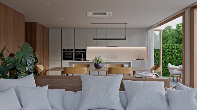 Table on parquet floor of bright dining room near living room and kitchen in modern house or luxury villa. White home interior 3d rendering with garden view.