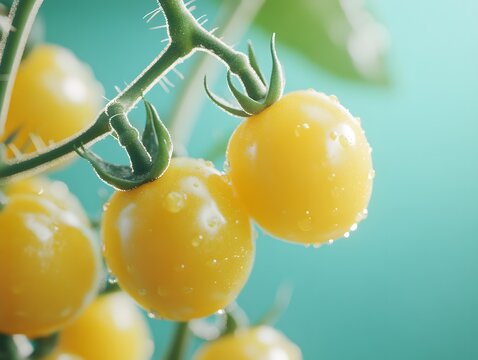 Fresh Yellow Tomatoes on Vine, Dewy, Teal Background