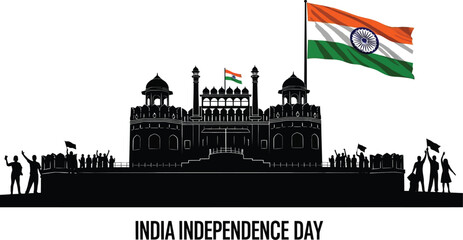Red fort silhouette with indian flag and crowd
