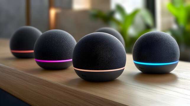 Four black Amazon Echo Dot smart speakers with different colored light rings on a wooden surface.