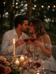 A couple toasting with red wine at a romantic candlelight dinner under string lights in a garden