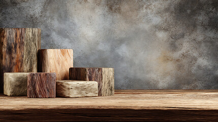 Rustic Wooden Podium with Textured Stone Wall – 3D Product Display Mockup