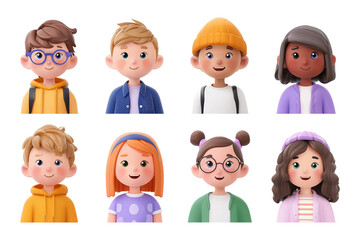 Collection set of 3d illustration cute children avatars isolated on transparent or white background, png