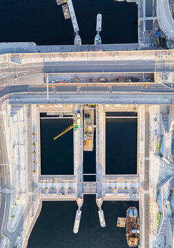 Aerial view of the Karl Johans lock, at Vattentorget, with its intricate structure, reflecting the calm waters beneath the bridge, Stockholm, Stockholms l&Atilde;&curren;n, Sweden.