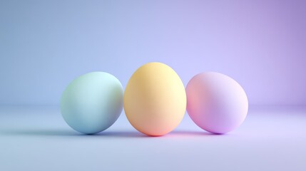 Three pastel-colored eggs stand out in a soft-focus studio shot against a purple and blue backdrop