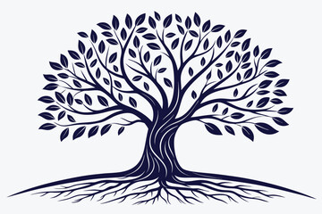 Silhouette of a large leafy tree with roots against a clean white backdrop