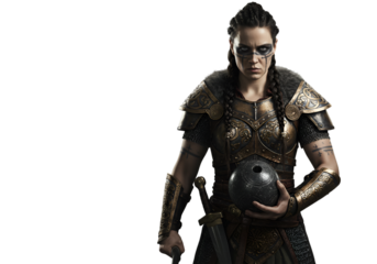 Isolated Photo Illustration Of A Female Viking Warrior In Armor With Black Background