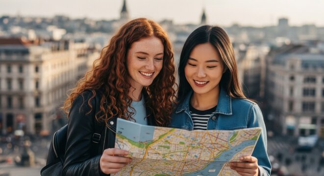 Two friends consulting a map while exploring a city with beautiful architecture in the background