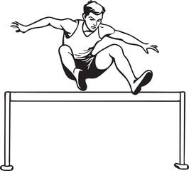 Athletic Young Man Hurdling Over the Bar in a Black and White Line Drawing Style Design