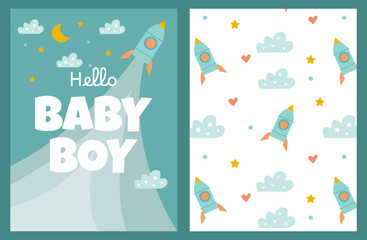 a set of a boy's birthday card and a cute pattern with a rocket and clouds