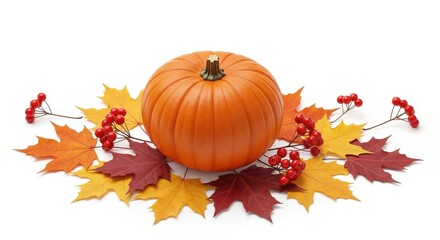 Naklejka premium Autumn Pumpkin Decoration With Maple Leaves and Red Berries