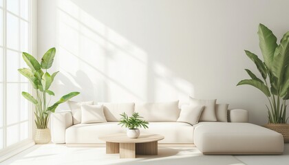 Comfort And Style Blend Perfectly In A Bright Scandinavian Living Room With White Walls And Beige Furnishings, Enhanced By Natural Light.