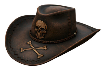 Isolated Photo Of A Vintage Leather Cowboy Hat With A Skull And Crossbones Emblem