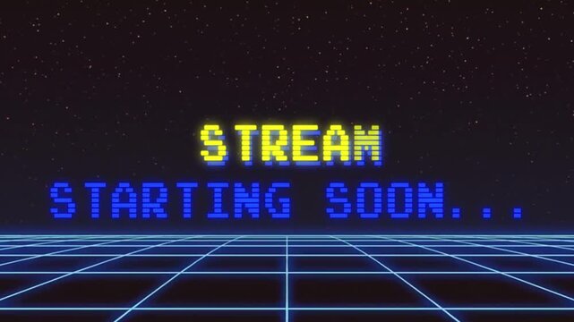 Streaming starting soon, 8 bit text animated intro livestream with retro vhs background. Live broadcast intros or streaming countdown