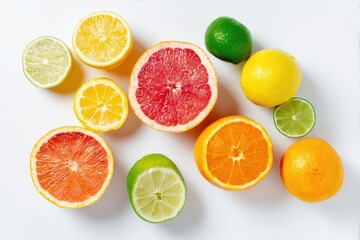 Fototapeta premium Flatlay of citrus fruits on white background