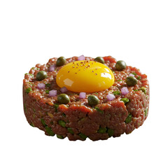Isolated Photo of Beef Tartare With Egg Yolk and Capers on Black Background