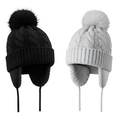Isolated Photo of Black And White Winter Hats With Pom Detail on Transparent Background
