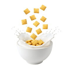 Isolated Photo Of Cereal Milk Splash With Falling Square Breakfast Food