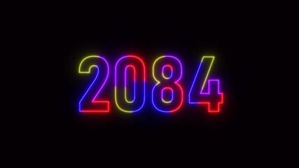 2084 neon line text. Abstract 2084 neon text animation ,For neon color Glowing neon number text background 4k video animation .Digital font against a dark background with neon line looping animation.