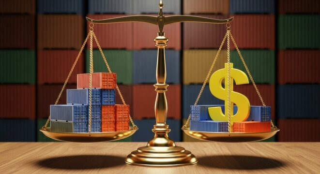 A golden scale balancing shipping containers and a dollar sign with container background - Powered by Adobe