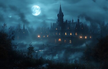 Fototapeta premium Spooky gothic mansion with full moon and fog at night haunted house