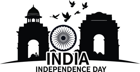 India independence day silhouette with monuments and birds