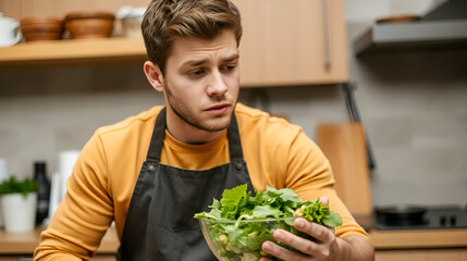 Fototapeta premium Young Man Hesitantly Looks at a Fresh Green Salad in a Kitchen Setting