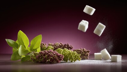 Sugar cubes levitate over a floral arrangement.