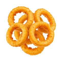 flying Crispy and golden onion rings Isolated,  cutout in transparent background, png format 